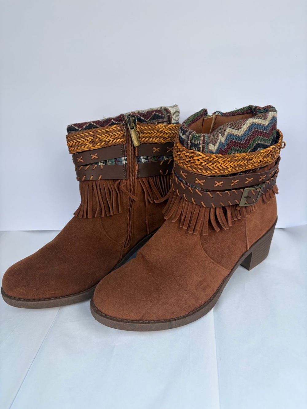 Brown Suede Fringe Ankle Boots with Patterned Cuff - Picture 2 of 7